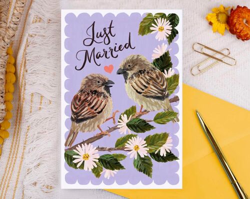 Just Married Sparrows Greeting Card