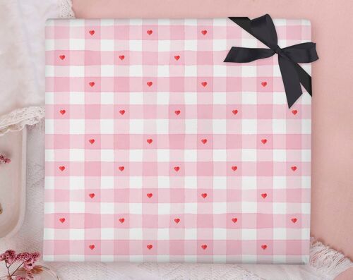 Gingham Hearts Wrapping Paper Sheet