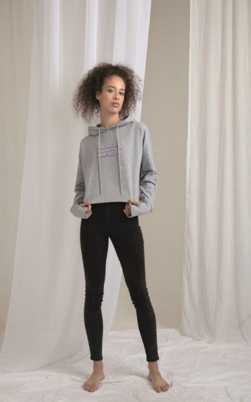 Cropped Hoodie in Black, White, Heather Grey & Burnt Pink - White