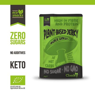 Eco Plant Based Jerky mit schwarzem Knoblauch und Kaffee. Veganer Bio-Snack auf Pilzbasis mit hohem Eiweiß- und Ballaststoffgehalt; mit EVOO, zuckerfrei, konservierungsmittelfrei, glutenfrei, Low Carb