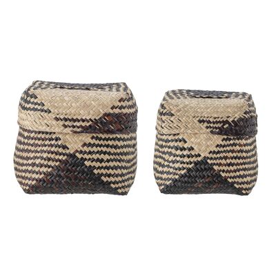 Nene Basket w/Lid, Black, Seagrass (L18xH19xW18/L20xH21xW20 cm, Set of 2)