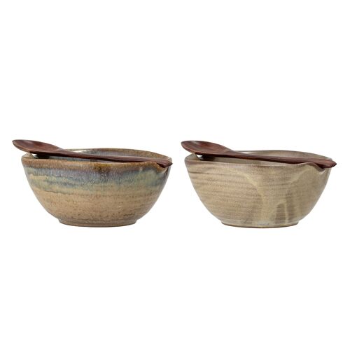 Dahlia Bowl w/Spoon, Brown, Stoneware (D13xH5,5 cm, Set of 2)