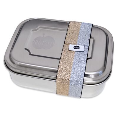 Brotzeit ZWEIER Lunchboxen Brotdose Jausenbox mit Unterteilung aus Edelstahl 100% BPA frei- Streifen gold silber