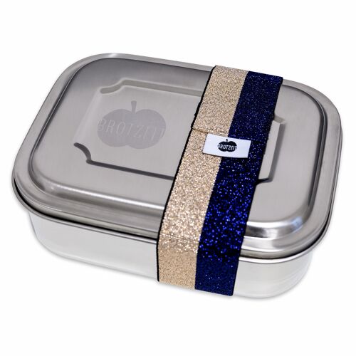 Brotzeit ZWEIER Lunchboxen Brotdose Jausenbox mit Unterteilung aus Edelstahl 100% BPA frei- Streifen gold blau