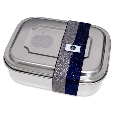 Brotzeit ZWEIER Lunchboxen Brotdose Jausenbox mit Unterteilung aus Edelstahl 100% BPA frei- Streifen silber blau