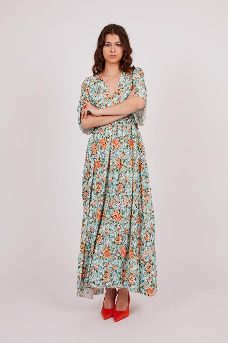 Abito lungo elastico in vita - Ecru, Verde, Arancio