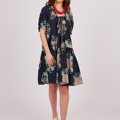 Wide printed dress - Navy Blue, Multicolored