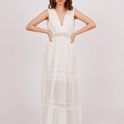 Long combined lace dress - White