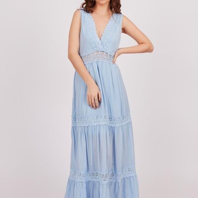 Robe longue en dentelle combinée - Bleu