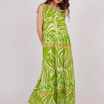 Long printed dress - Green, Ecru, Camel