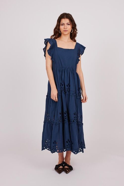 Vestido midi bordados perforados - Azul Marino