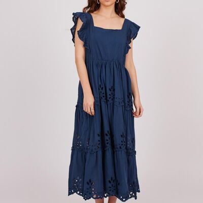 Perforated embroidered midi dress - Navy Blue