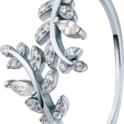 Silver ring flower tendril with zirconia