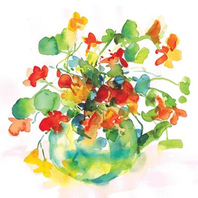 DF12 NASTURTIUMS IN A GREEN GLASS BOWL GREETING CARD