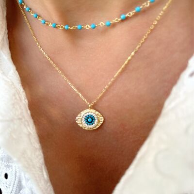 Gold Evil Eye Neckalce Zircons, Layered Necklaces, Rosary Necklace, Evil Eye Jewelry, Gift for Her, Made from Sterling Silver 925.