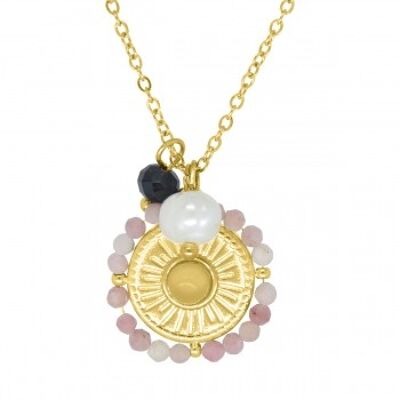 Chain with coin sun surrounded by pink stones - stainless steel gold