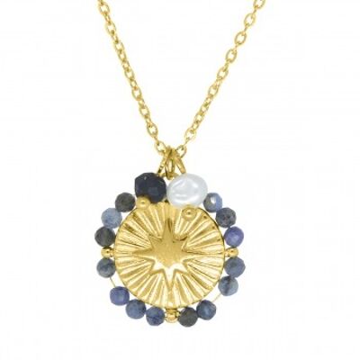 Chain with coin-star surrounded by gray-blue stones - stainless steel gold