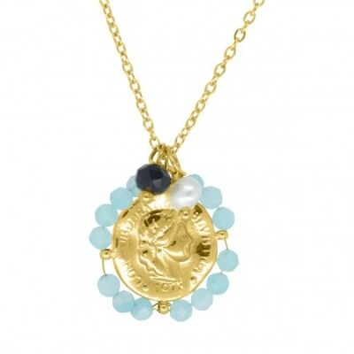 Chain with coin surrounded by turquoise stones - stainless steel - gold