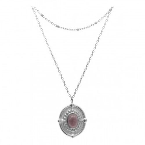 Kette doppelreihig mit rosa Steinchen und Anhänger Oval mit rosa Stein- Edelstahl