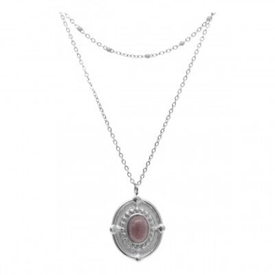 Double row chain with pink stones and oval pendant with pink stones - stainless steel