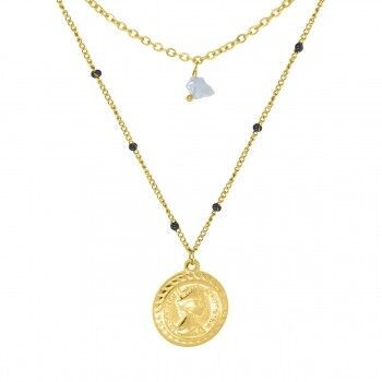 Catena a doppia fila con pietre nere con pendente a moneta - acciaio inossidabile oro