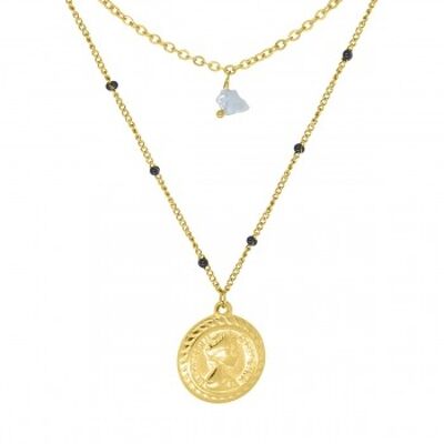 Double row chain with black stones with a coin pendant - stainless steel gold