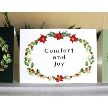 Carte de Noël "confort et joie" de couronne botanique. - Confort et Joie sur vert pâle 1