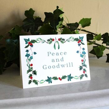 Carte de Noël Couronne botanique "Paix et bonne volonté". - Paix et bonne volonté sur blanc 1