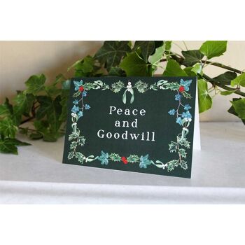 Carte de Noël Couronne botanique "Paix et bonne volonté". - Paix et bonne volonté sur blanc 3