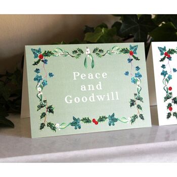 Carte de Noël Couronne botanique "Paix et bonne volonté". - Pack de 6 Peace & Goodwill sur blanc 2