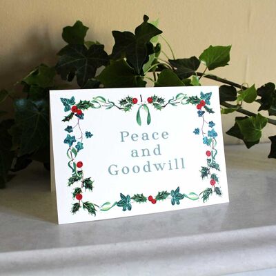 Botanical Wreath "Peace and Goodwill" Christmas Card. - Peace & Goodwill on dark green
