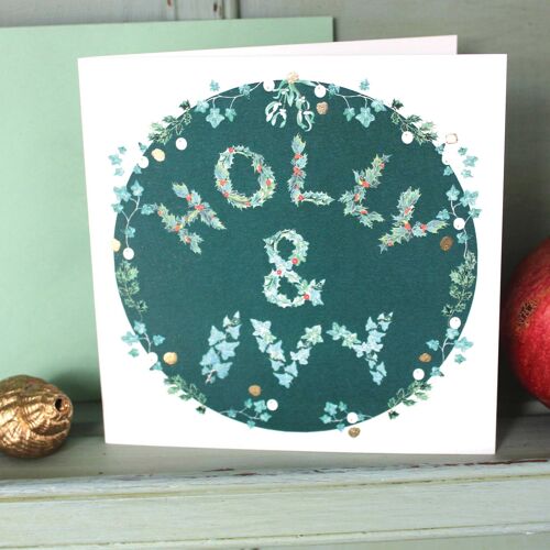 Holly & Ivy Glittery Christmas Card - Pack of 6 Green Circle Cards £17.50