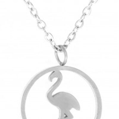 Chain pendant flamingo in a stainless steel circle