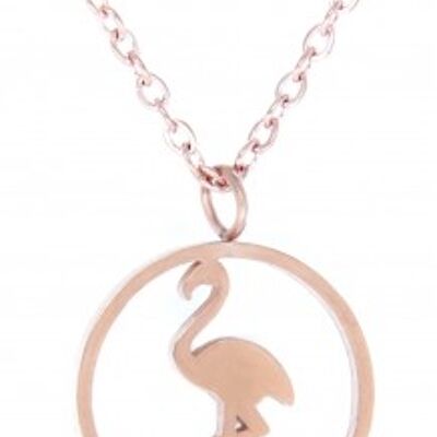 Pendentif chaîne flamant rose dans un cercle en acier inoxydable rose