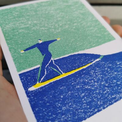Risographie Fragments d'été - carte postale  Surfeur sur la vague