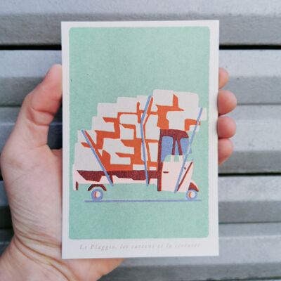 Risographie Fragments d'Italie - Postkarte Das Piaggio, die Kisten und Gelassenheit
