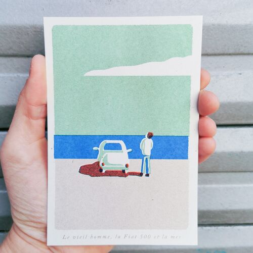 Risographie Fragments d'Italie carte postale - Le vieil homme, la Fiat 500 et la mer