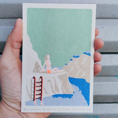 Risographie Fragments d'Italie --carte postale  Les rochers, la mer et la femme aux seins nus