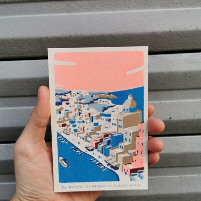 Risographie Fragments d'Italie - carte postale  La marina, les barques et le petit matin