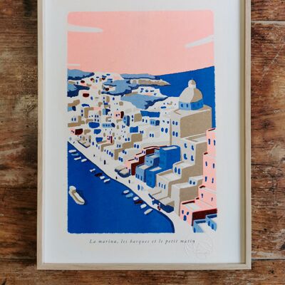 Risographie Fragments d'Italie - 30x40cm The marina, the boats and the early morning