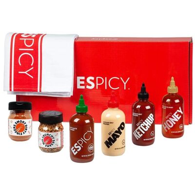 ESPICY Mega Pack | 1 salsa picante picante | Salsa 1 Mayo | 1 salsa de tomate | 1 miel | 1 mezcla de sésamo crujiente | 1 Dedos sucios y ahumados | 1 paño de cocina