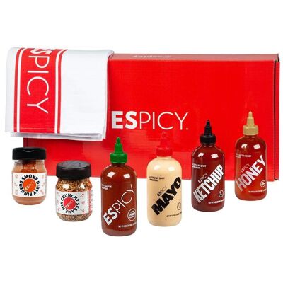 ESPICY Mega-Paket | 1 scharfe scharfe Soße | 1 Mayo-Sauce | 1 Ketchup | 1 Honig | 1 knusprige Sesammischung | 1 rauchige schmutzige Finger | 1 Geschirrtuch