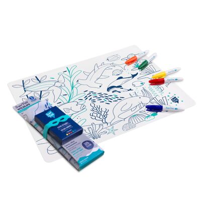 Educational coloring: Silicone coloring placemat 5 markers included - reusable - WILDLIFE CORAL REEF