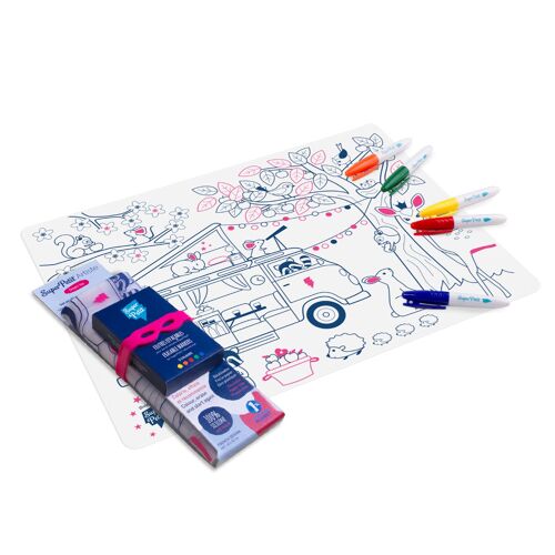 Coloriage réutilisable : Set de table en silicone à colorier à l'infini 5 feutres inclus - DREAM VAN