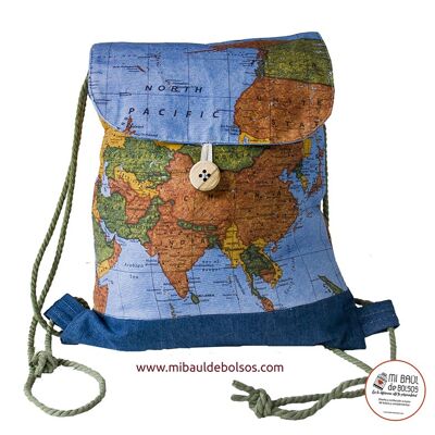 Blue "World Map" backpack with flap