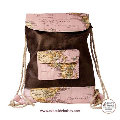 Pink "World Map" leather and fabric backpack