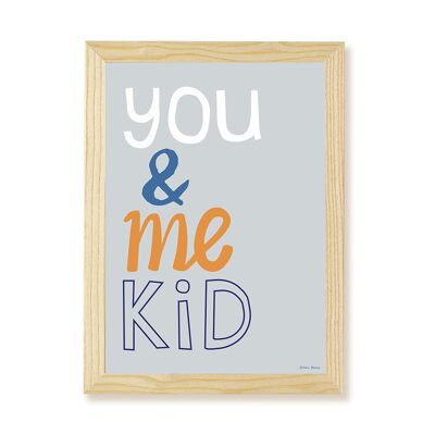 You & Me Kid Art Print - Blue - A4 Portrait - Natural Frame