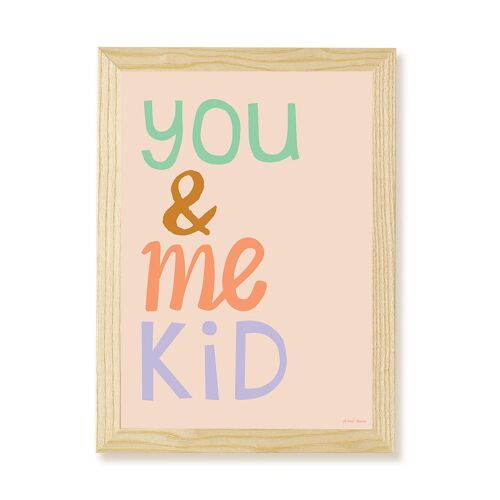 You & Me Kid Art Print - Pink - A4 Portrait - Natural Frame