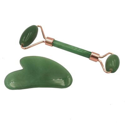 Gua Sha Set w. Facial Roller - Green Jade