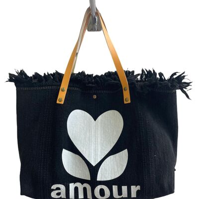 Sac fleur d amour Sac bohème Sac de plage , cabas été , sac paille - Noir